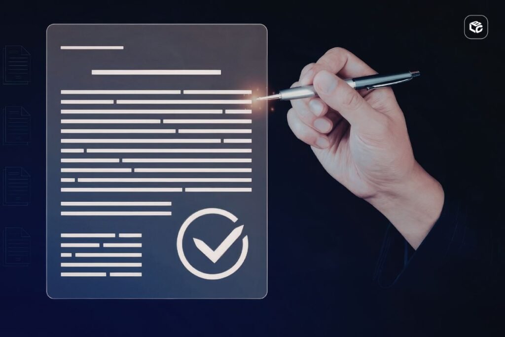Mão assinando um documento digital com um contrato e checklist