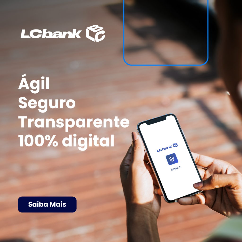 Logo LCbank, texto "Ágil Seguro Transparente 100% digital" e celular com app LCbank.