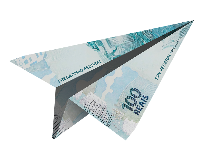 Avião de papel feito de nota de 100 reais, símbolo de dinheiro voando.